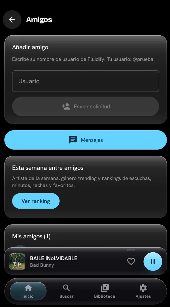 Pantalla de amigos en Fluidify