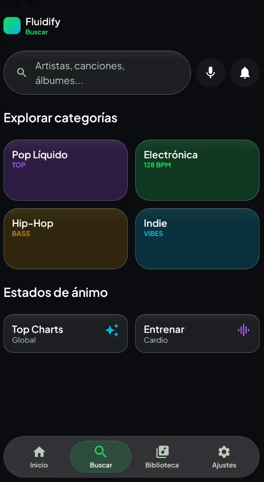 Pantalla de explorar en Fluidify
