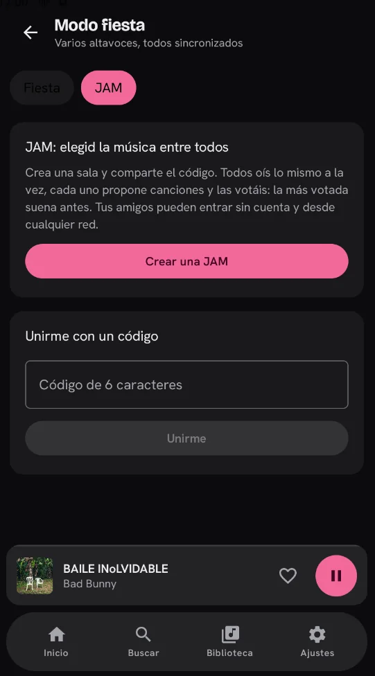 Pantalla de jam en Fluidify