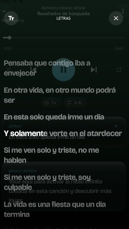 Pantalla de letras en Fluidify