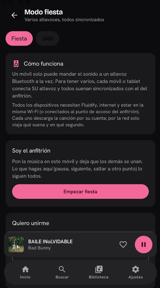 Pantalla de modo fiesta en Fluidify